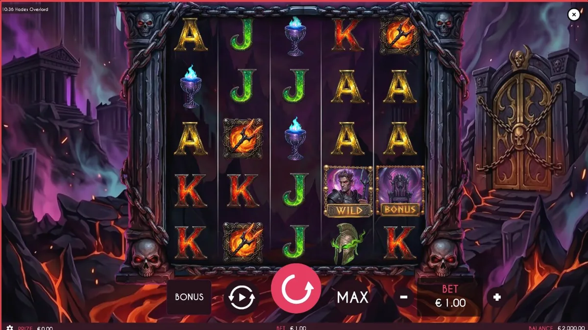 Tampilan visual slot Hades Overlord dengan tema mitologi Yunani dan elemen api.